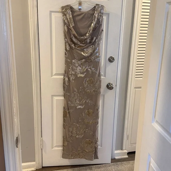 Donna Karan Taupe Maxi Dress with Gold Sequin Floral Accents - Picture 3 of 3